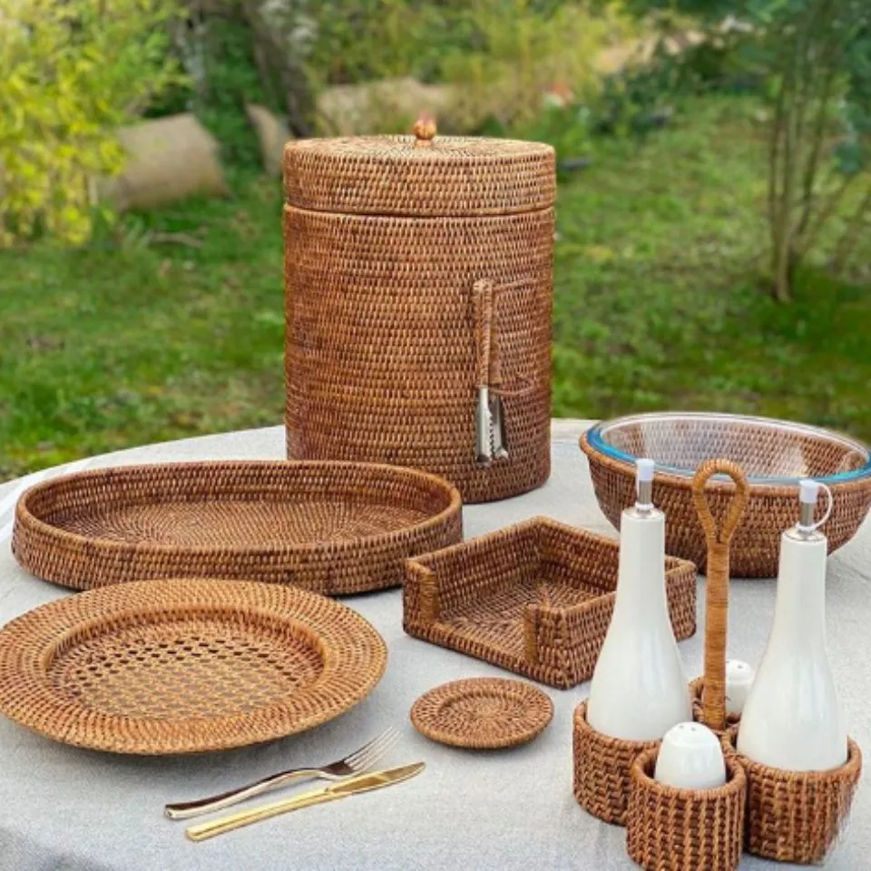 Complete handwoven rattan kitchenware set including tray, ice bucket, condiment caddy, coaster, and napkin holder – outdoor dining essentials by EHM, Vietnam's top ethical handicraft manufacturer.
