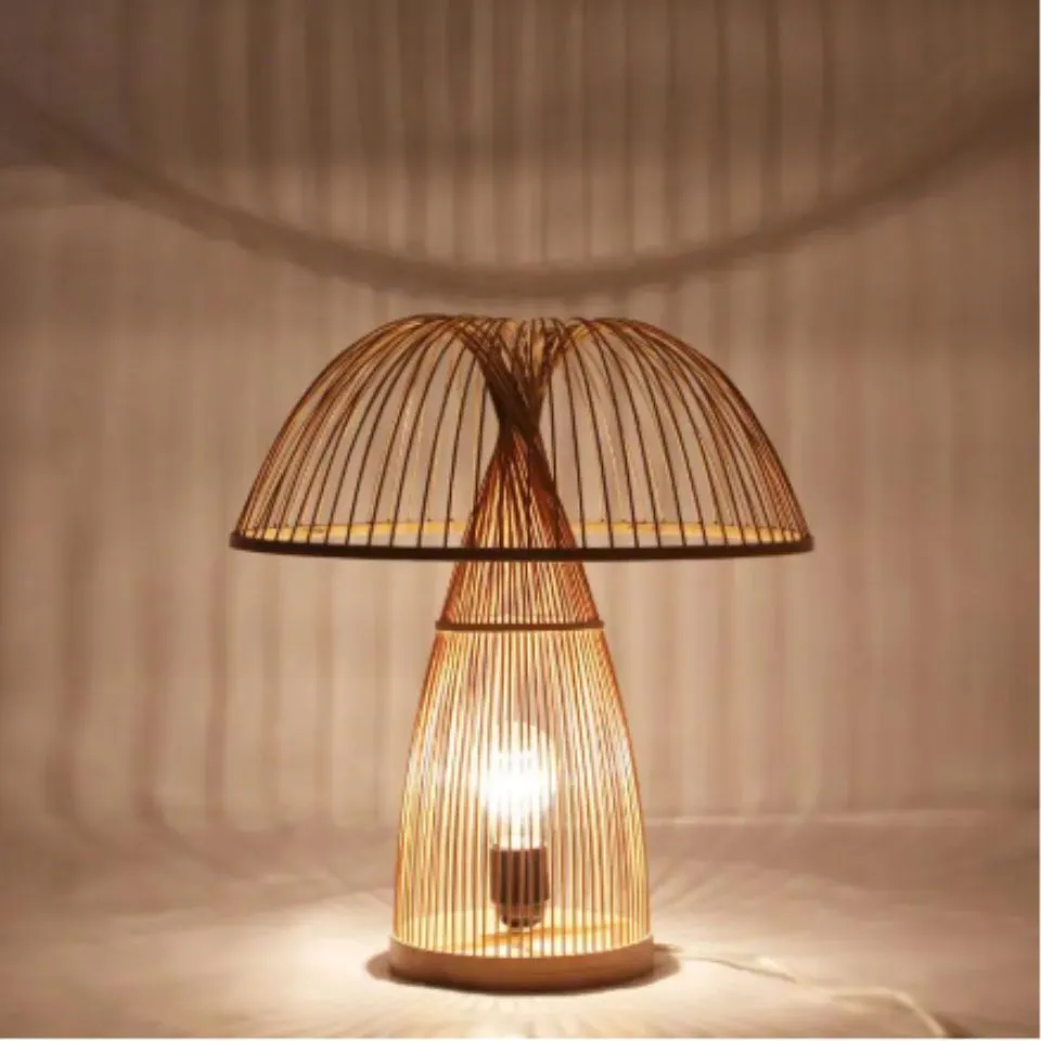 Handcrafted rattan mushroom table lamp with warm ambient glow, made in Vietnam by EHM – sustainable lighting manufacturer