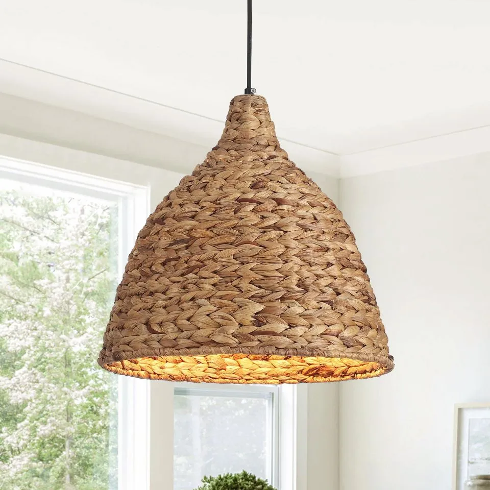 Natural water hyacinth woven pendant light hanging in modern kitchen – handcrafted in Vietnam by EHM
