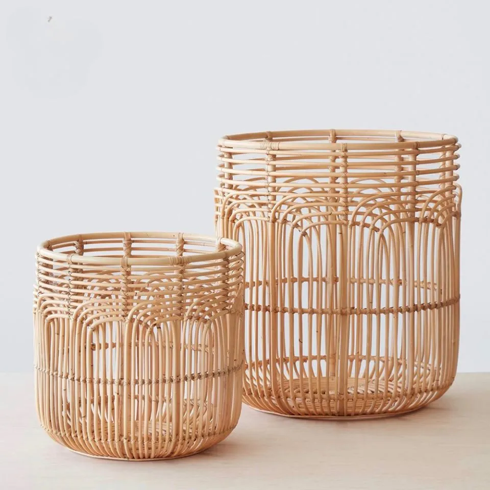 Set of two open-weave rattan laundry baskets in natural finish – lightweight, breathable, and stackable by EHM manufacturer.