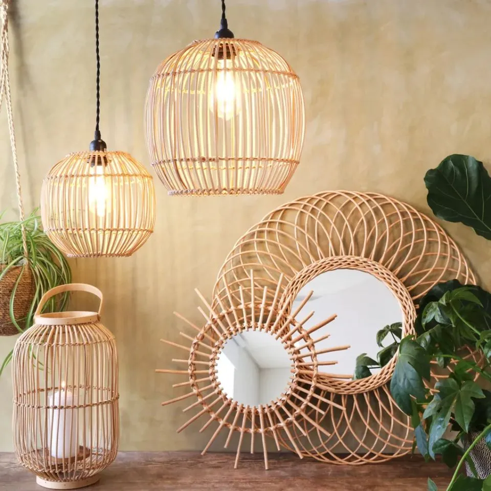 Rattan pendant lights and floor lantern– handcrafted boho lighting by EHM Vietnam