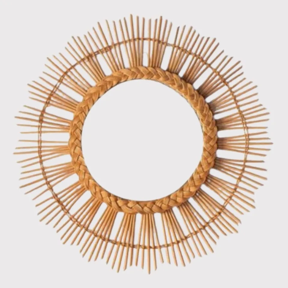 Natural rattan sunburst wall mirror with braided center ring – premium handmade mirror manufacturing Vietnam EHM.