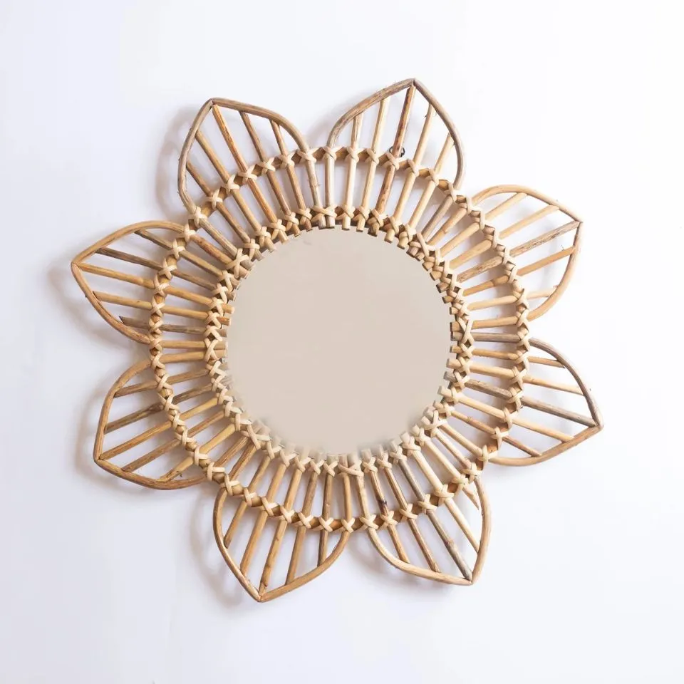 Rattan lotus petal decorative wall mirror with open-weave design – ethical handicraft mirror production by EHM.