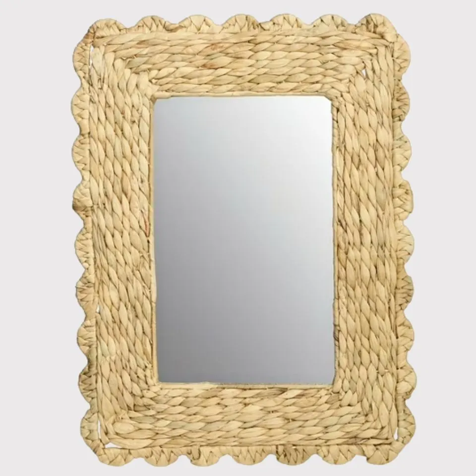 Water hyacinth scalloped rectangular wall mirror with braided edge – eco-friendly mirror manufacturing EHM Vietnam.