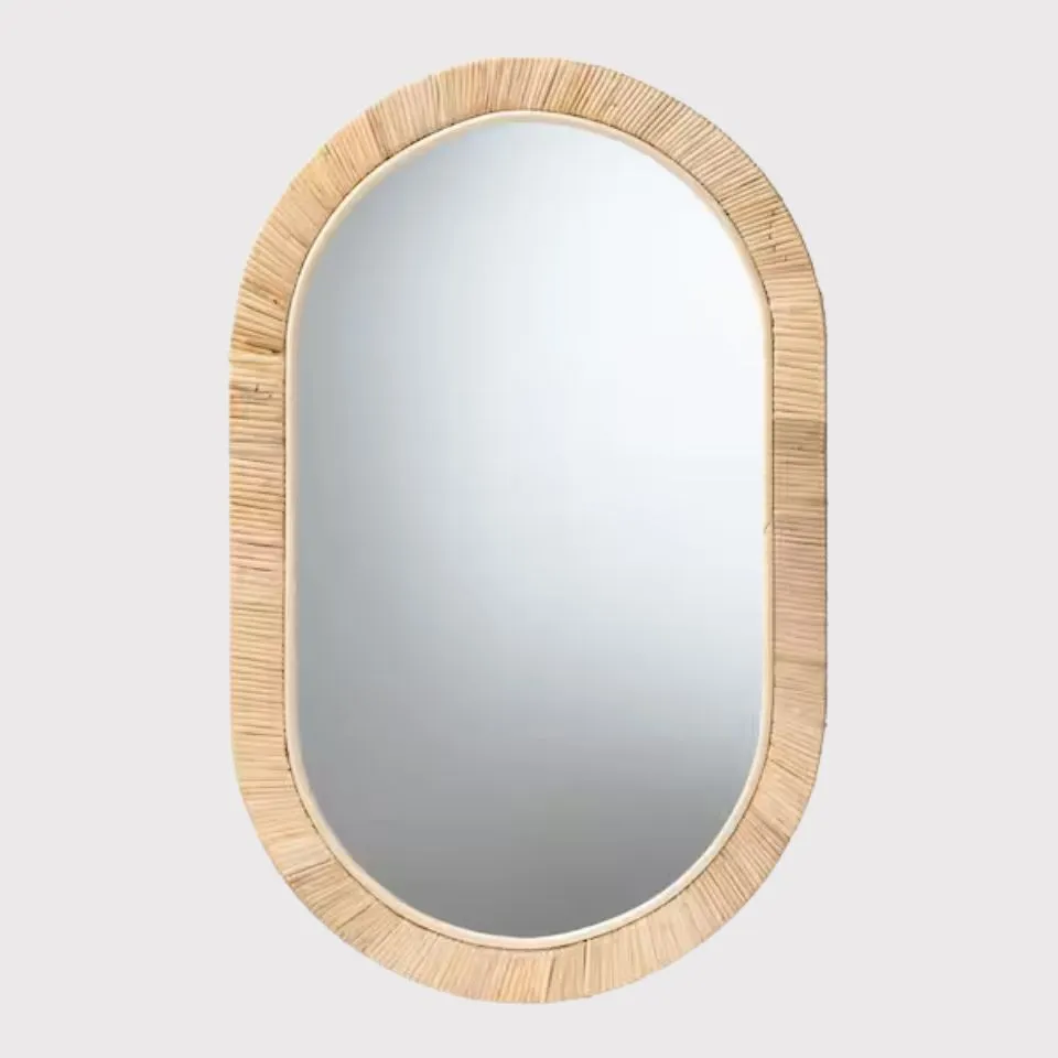 Rattan oval capsule wall mirror with ribbed frame texture – sustainable handicraft mirror supplier EHM.