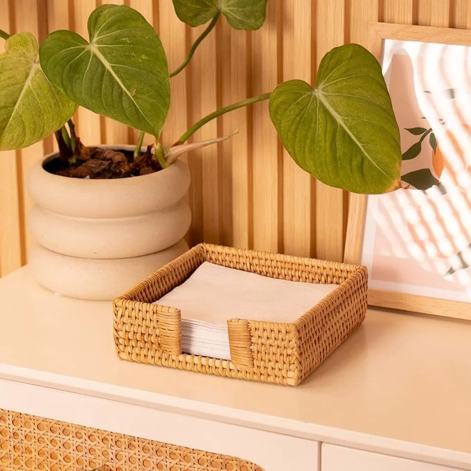Rectangular Wicker Napkin Holder with Natural Traditional Weave