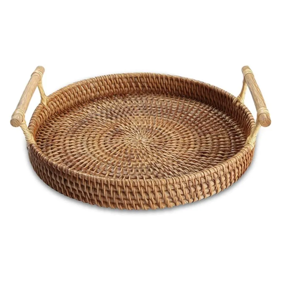 Round Natural Rattan Tray With Handles Custom