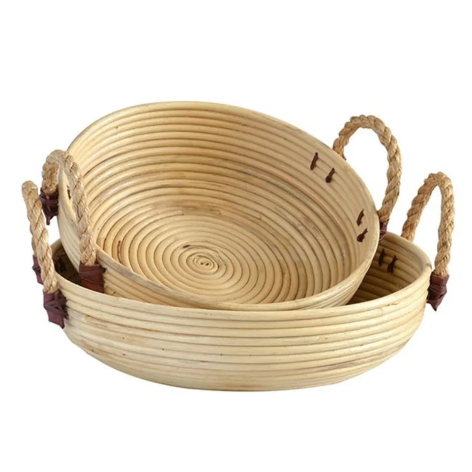 Round Natural Rattan Tray With Handles Low Moq