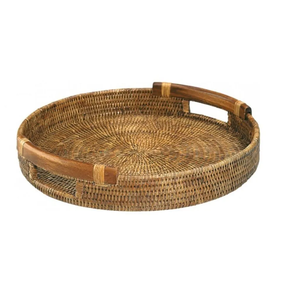 Round Natural Rattan Tray With Handles Handicraft