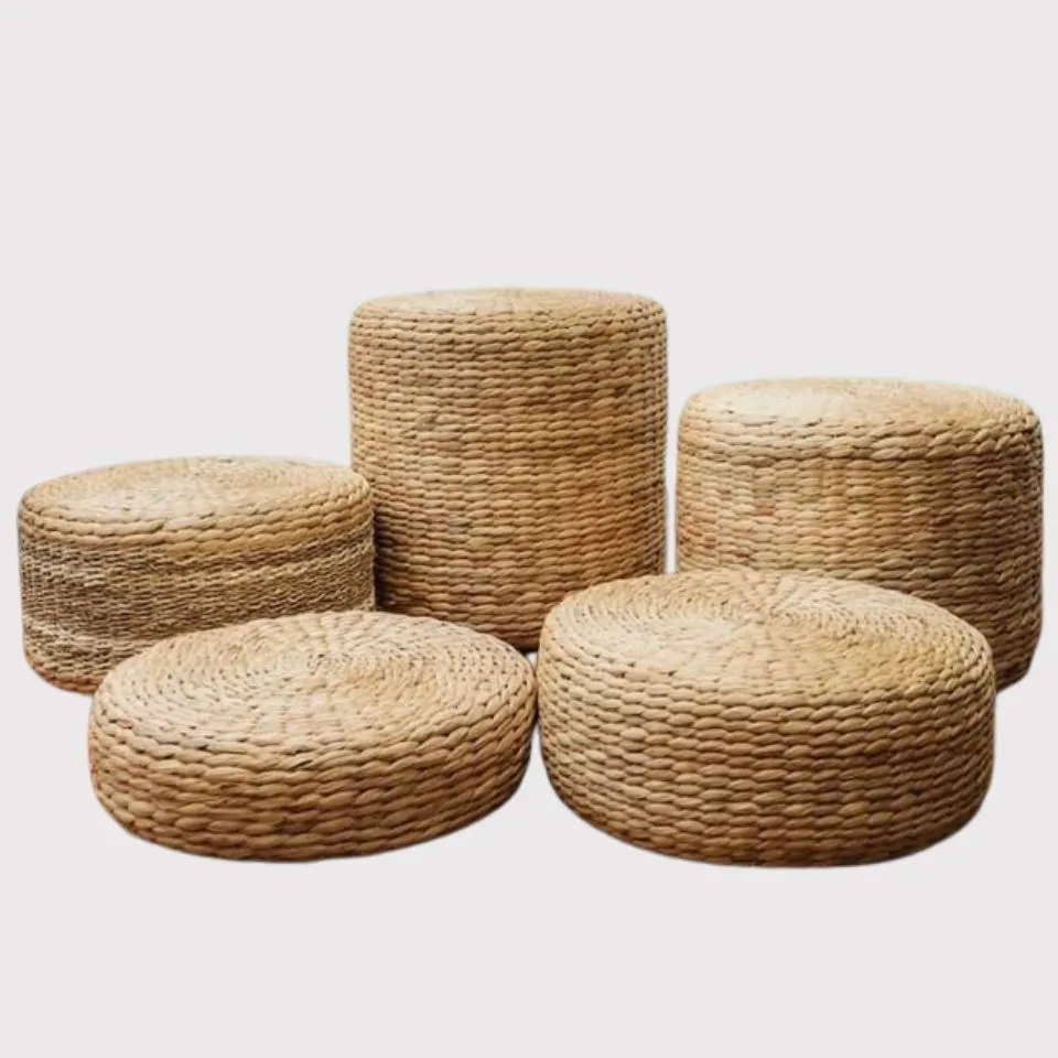 Handwoven water hyacinth Ottoman in natural tones – EHM ethical Ottoman manufacturing Vietnam