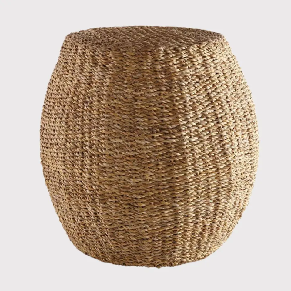 Seagrass woven barrel-shaped Ottoman with dense natural weave – EHM sustainable furniture production