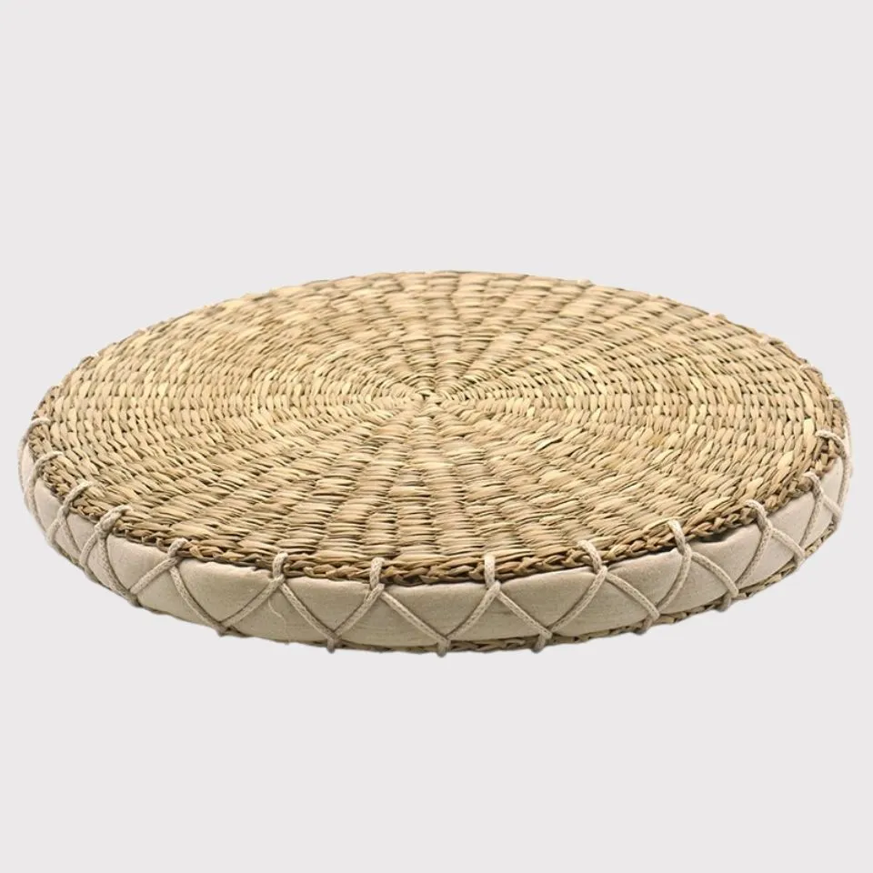 Flat round seagrass Ottoman with decorative corded edge – EHM handmade Ottoman supplier