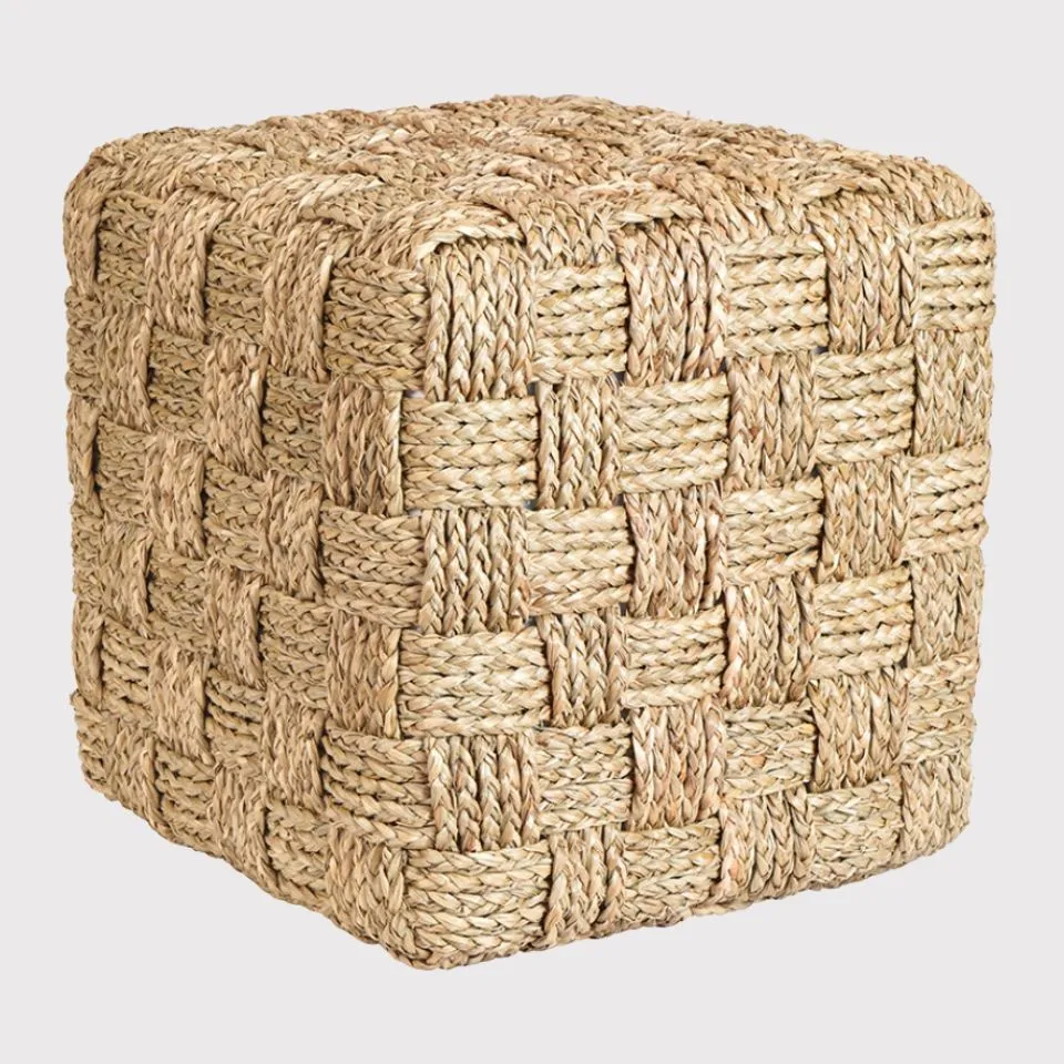 Square woven seagrass Ottoman with geometric grid pattern – EHM Vietnam OEM manufacturer