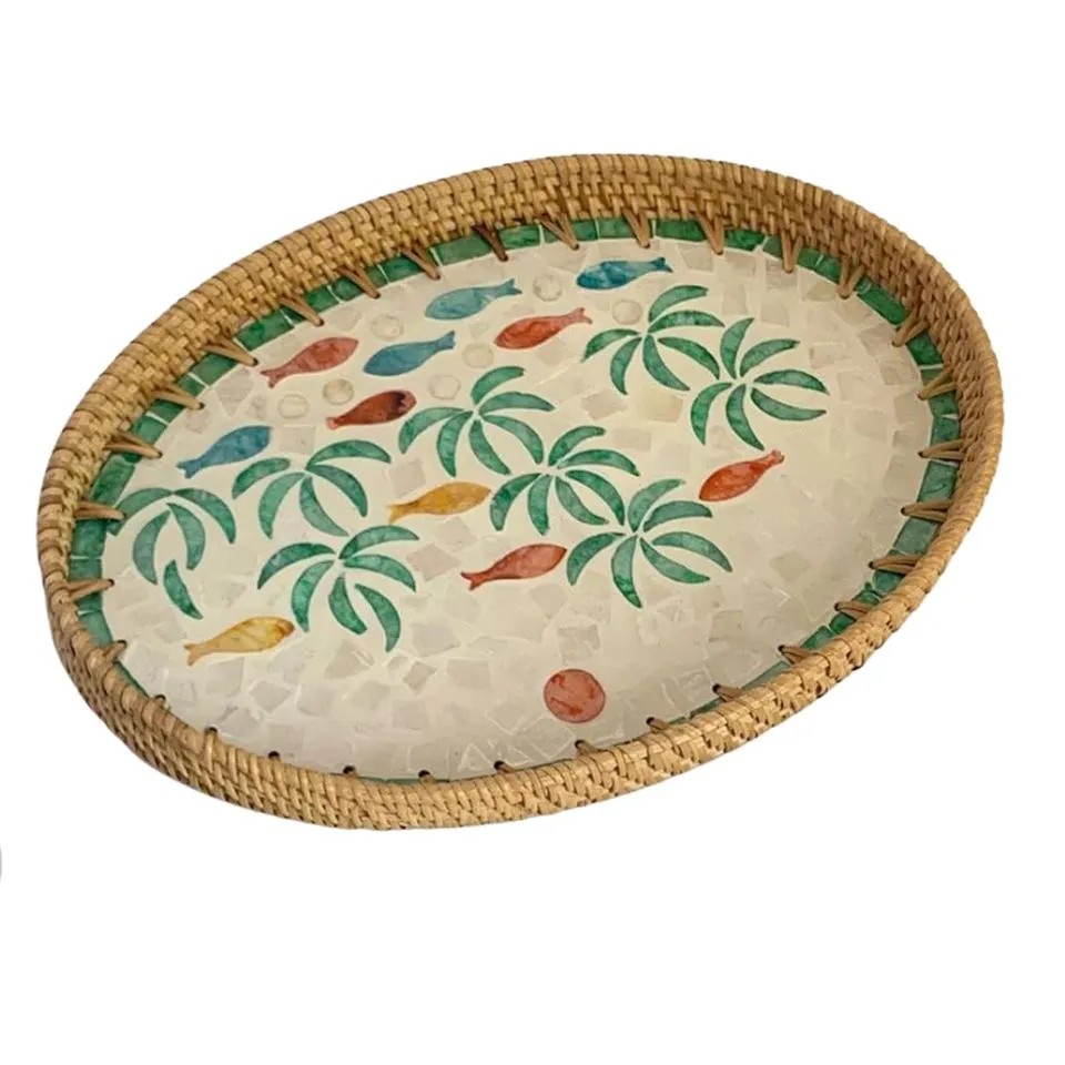 Oval Rattan Tray Mother Of Pearl Inlay Short Lead Time