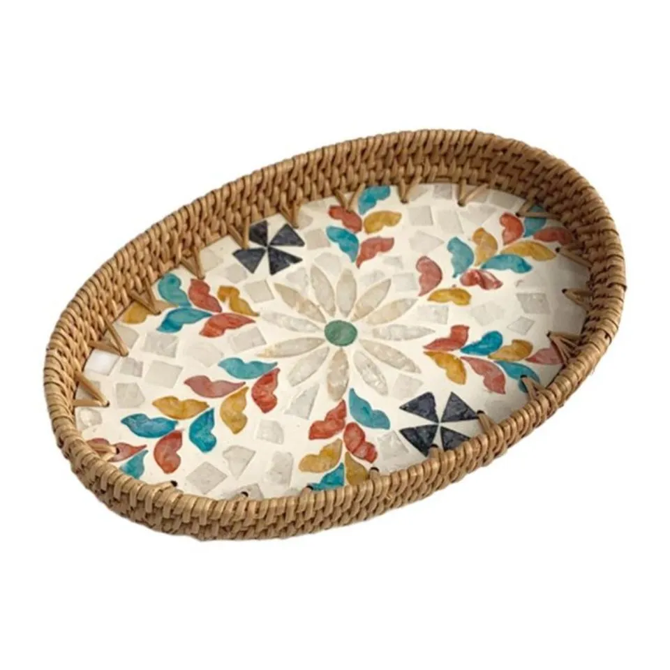Oval Rattan Tray Mother Of Pearl Inlay OEM