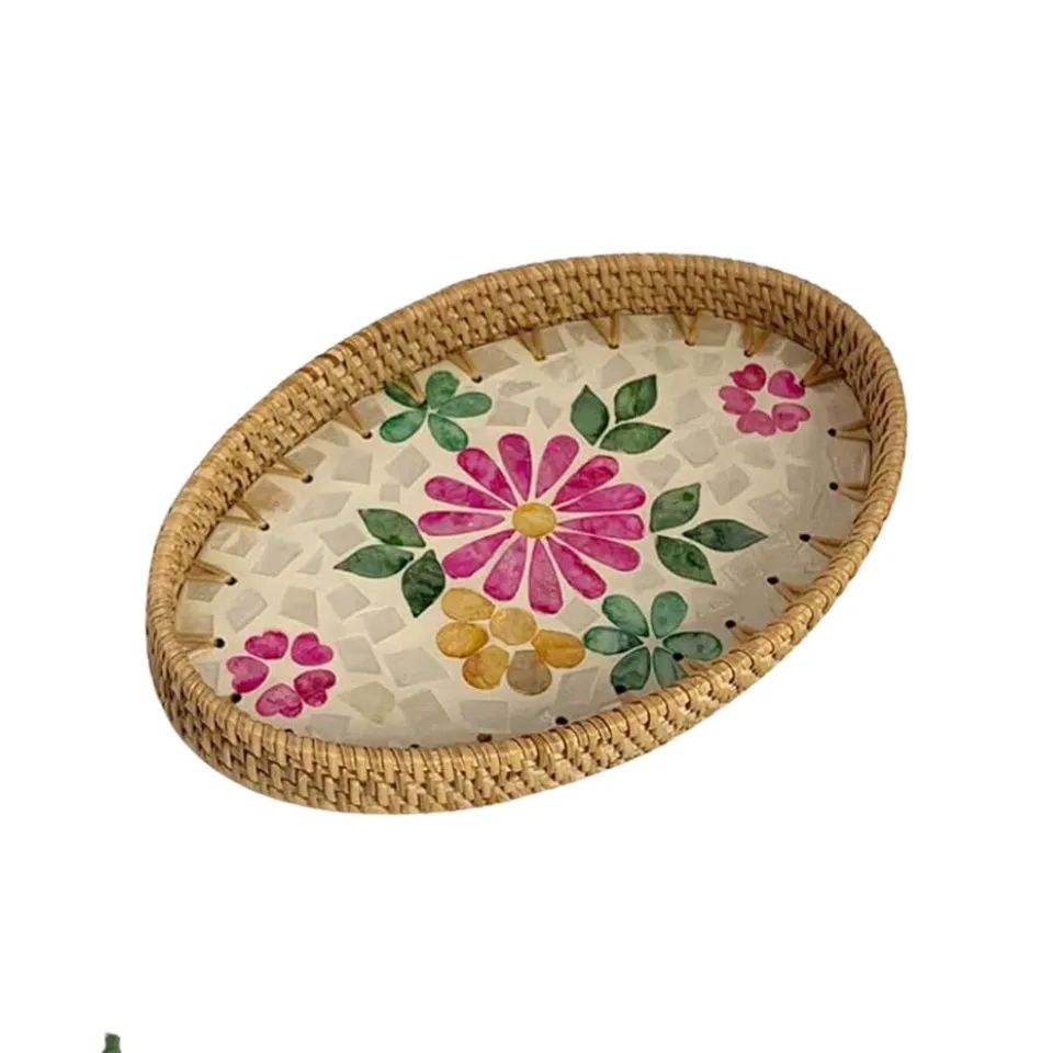 Oval Rattan Tray Mother Of Pearl Inlay Private Label