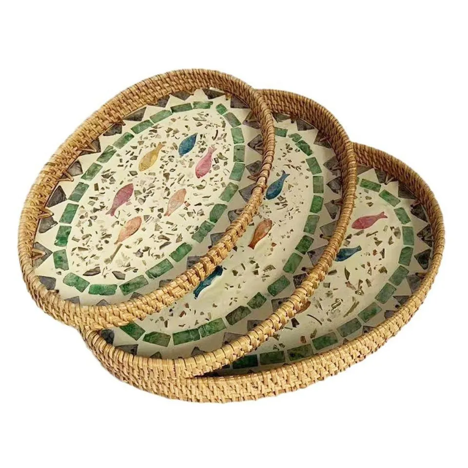 Oval Rattan Tray Mother Of Pearl Inlay Low Moq