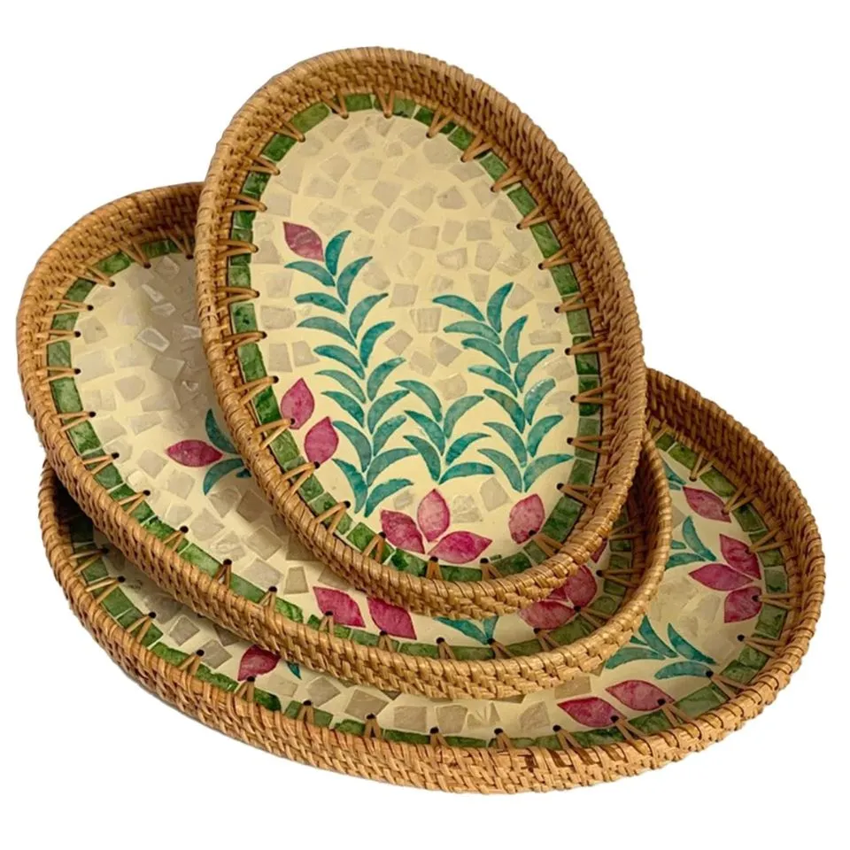 Oval Rattan Tray Mother Of Pearl Inlay Handicraft