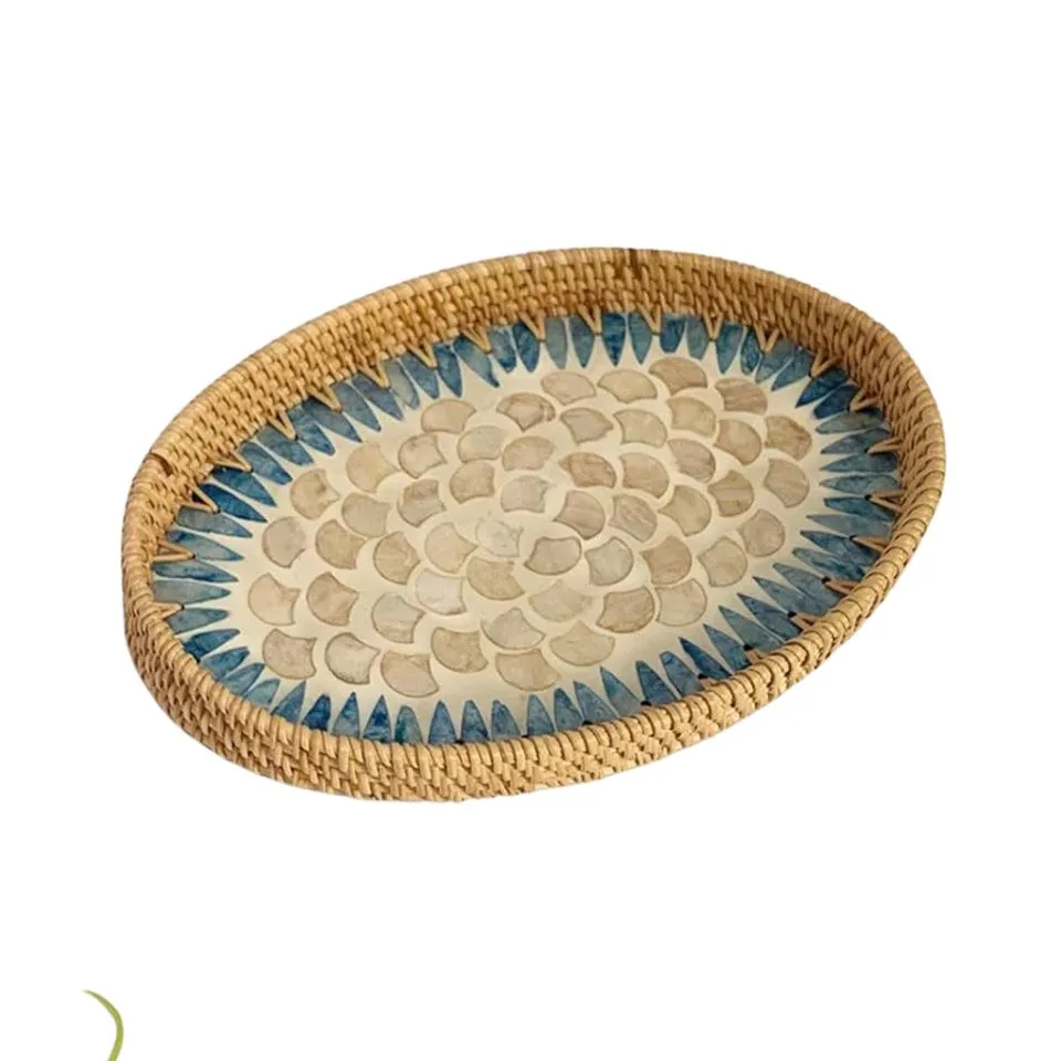 Oval Rattan Tray Mother Of Pearl Inlay Vietnam