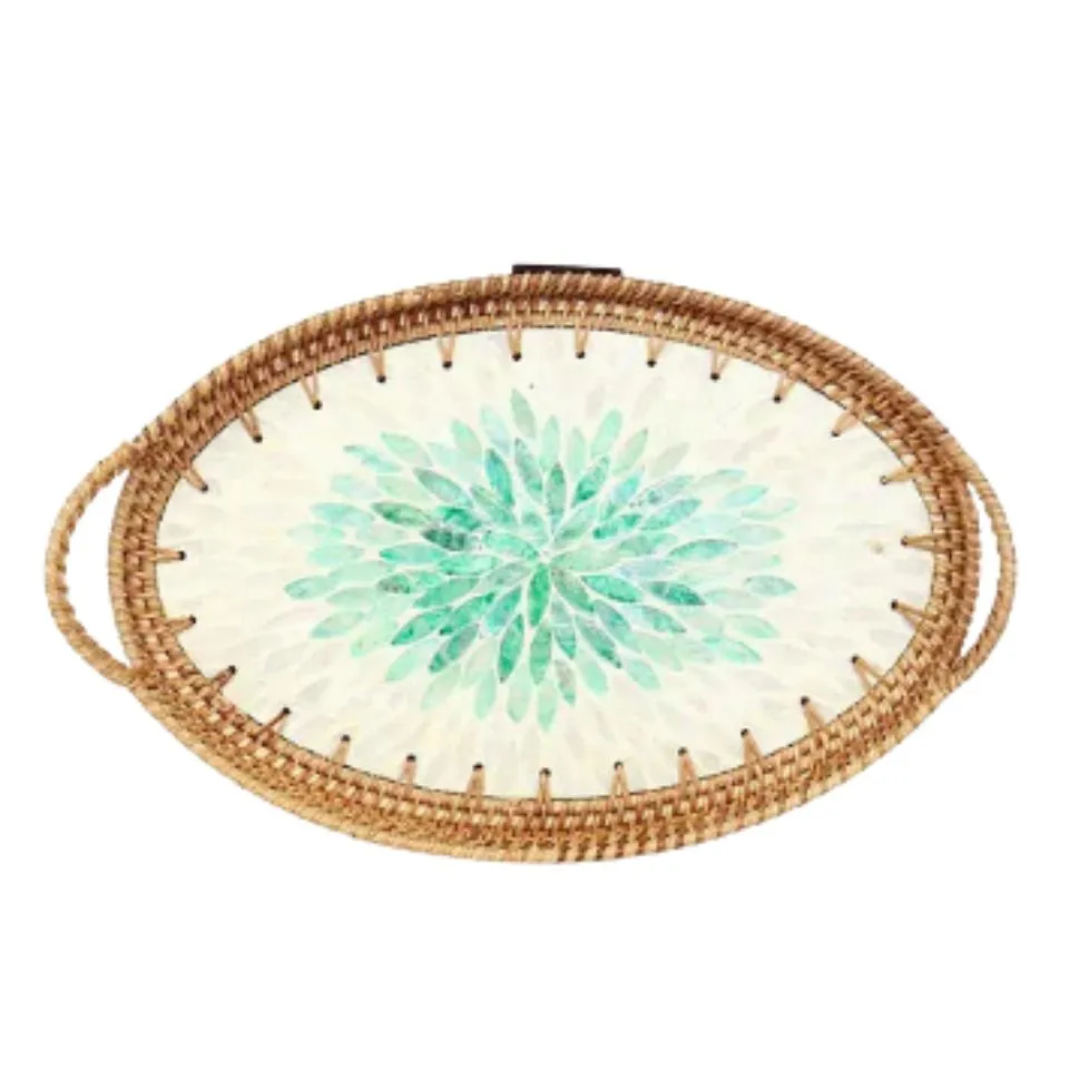 Oval Rattan Tray Mother Of Pearl Inlay with Handles Private Label