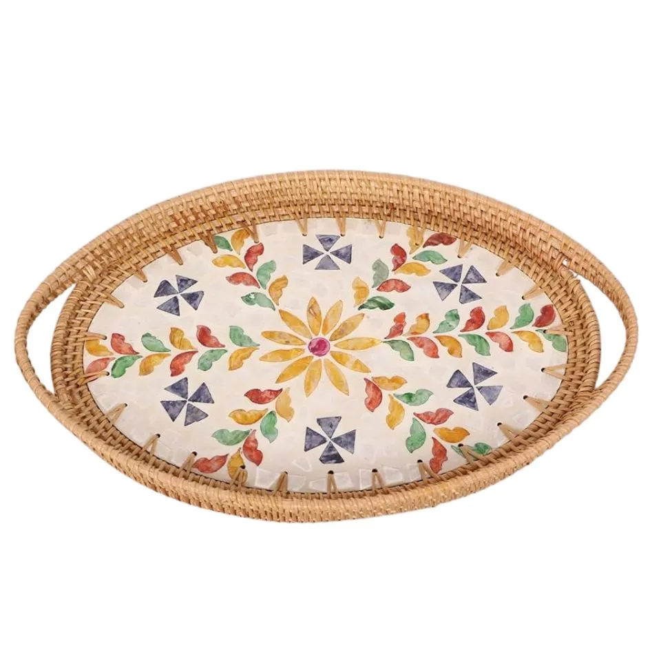 Oval Rattan Tray Mother Of Pearl Inlay with Handles Low Moq