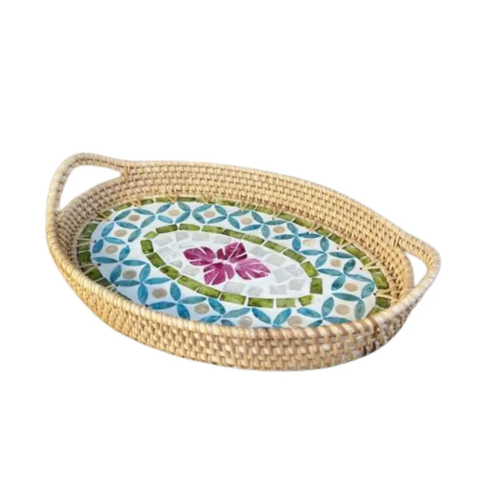 Oval Rattan Tray Mother Of Pearl Inlay with Handles Short Lead Time