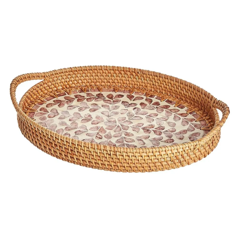 Oval Rattan Tray Mother Of Pearl Inlay with Handles Manufacturer