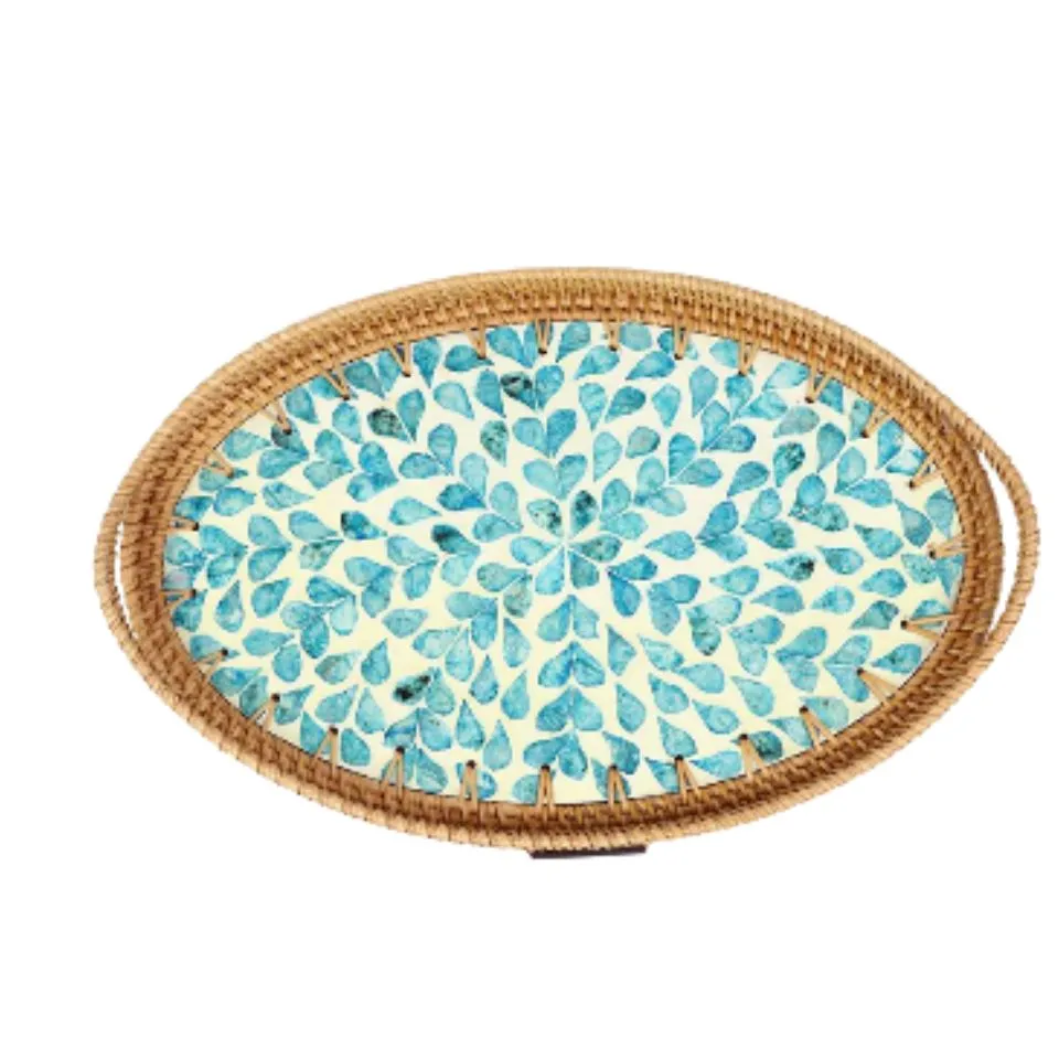 Oval Rattan Tray Mother Of Pearl Inlay with Handles Handicraft