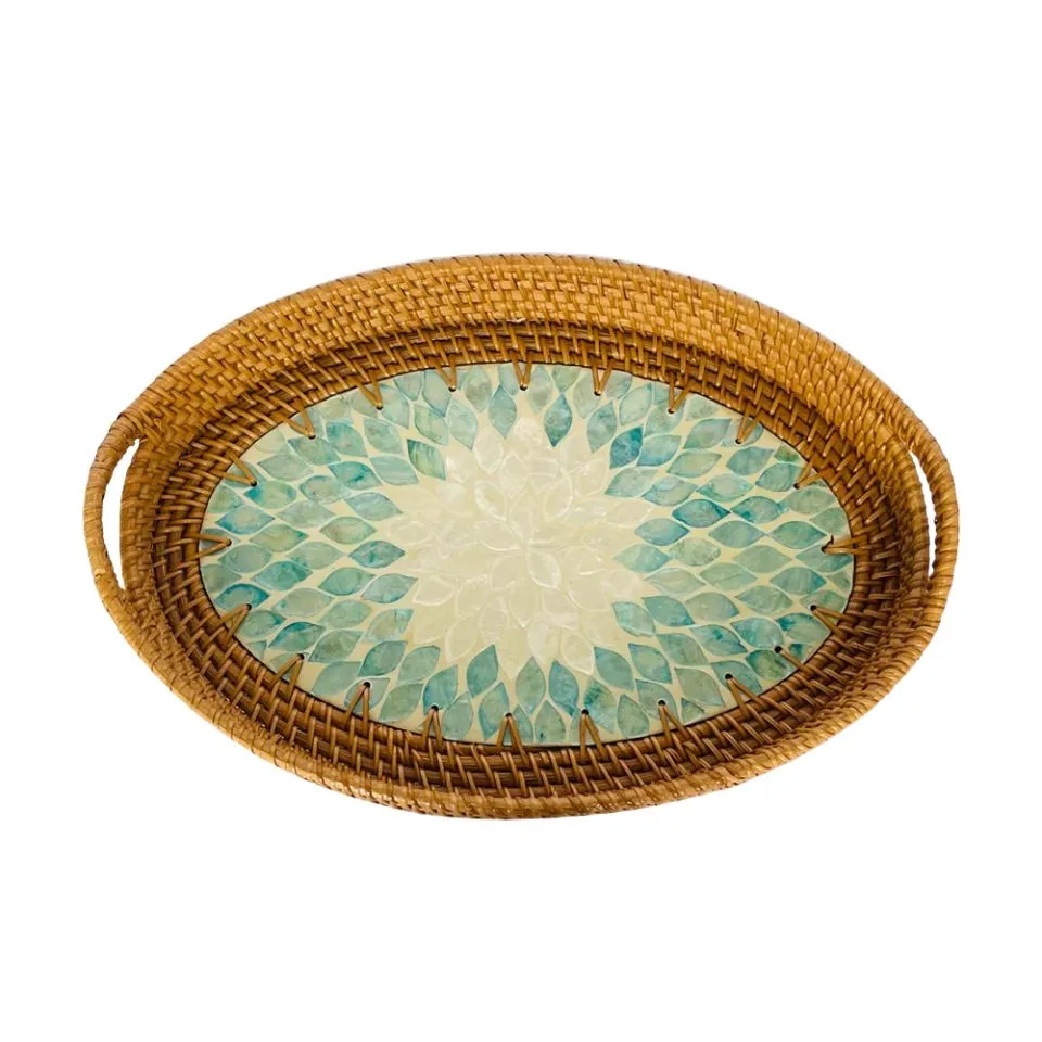 Oval Rattan Tray Mother Of Pearl Inlay with Handles OEM