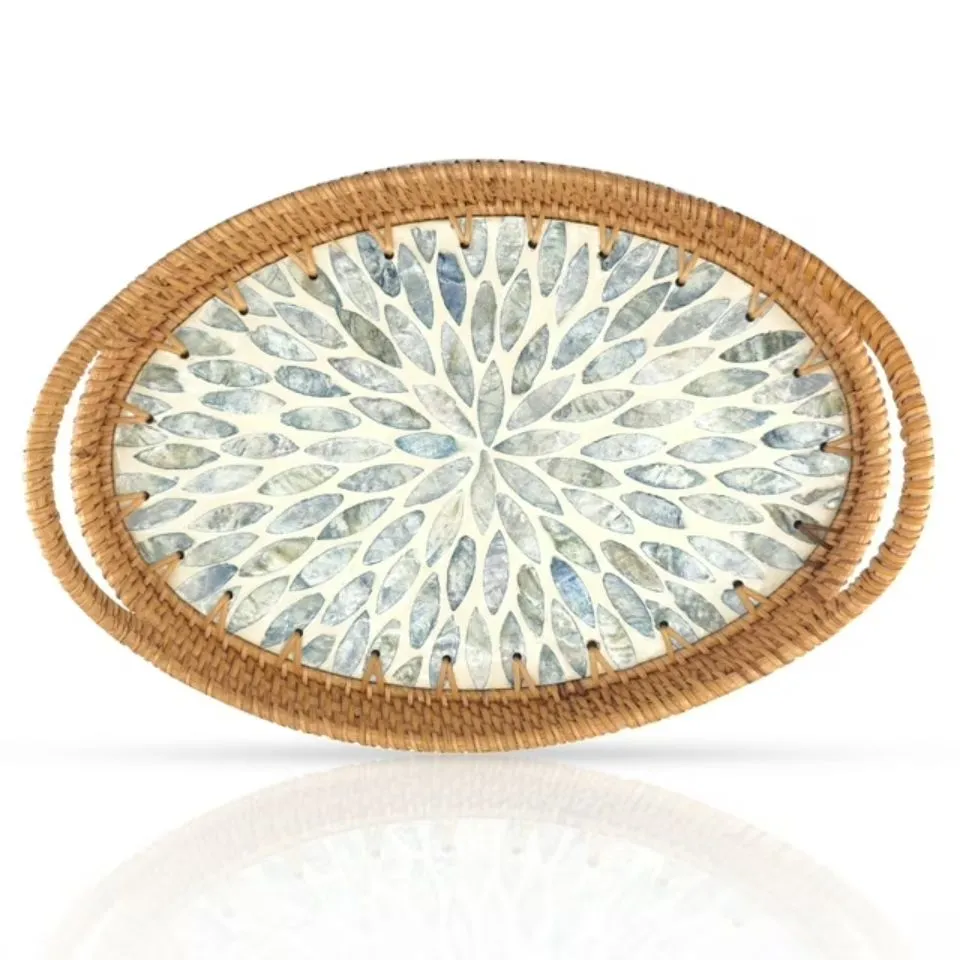 Oval Rattan Tray Mother Of Pearl Inlay with Handles Custom