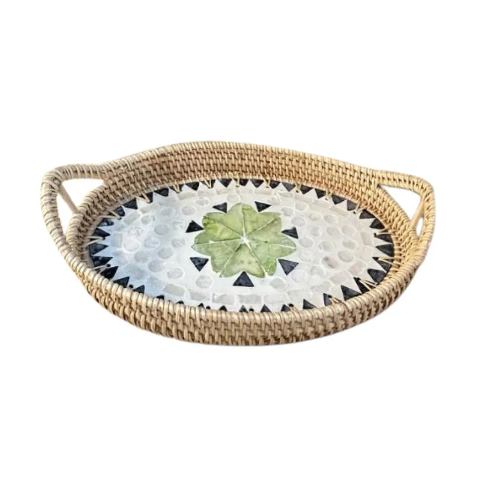 Oval Rattan Tray Mother Of Pearl Inlay with Handles Hight Quality