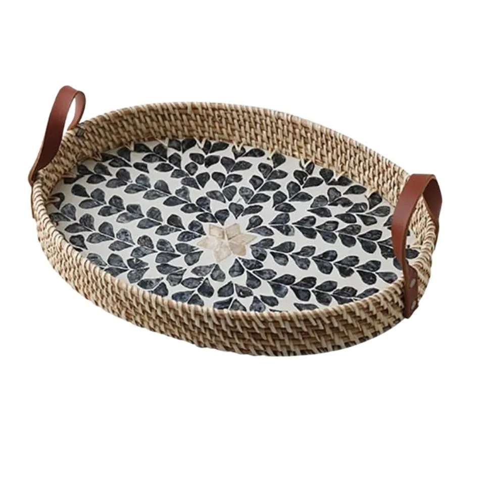 Oval Rattan Tray Mother Of Pearl Inlay with Handles Vietnam