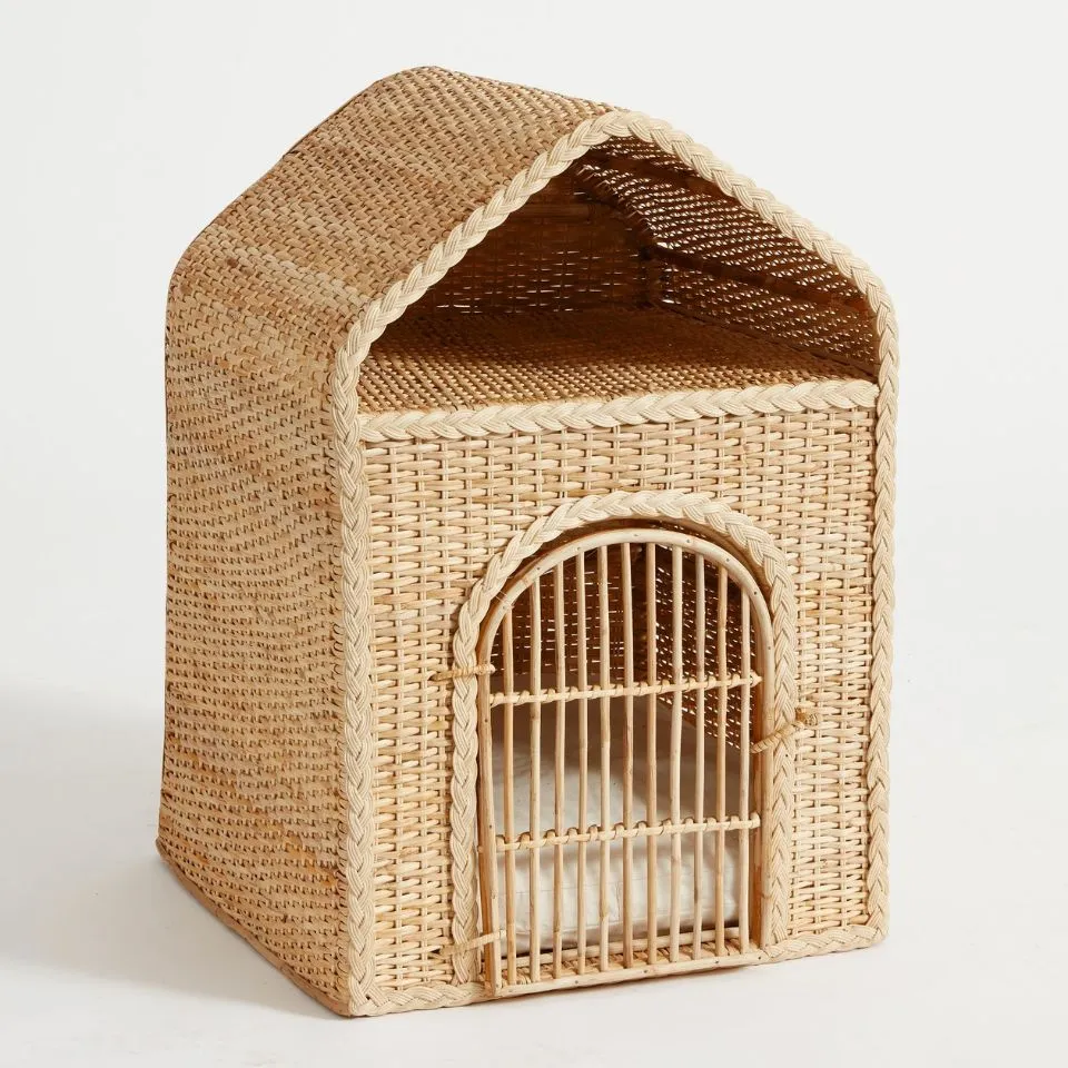 Luxury handwoven rattan pet villa with arched door – handcrafted pet crate