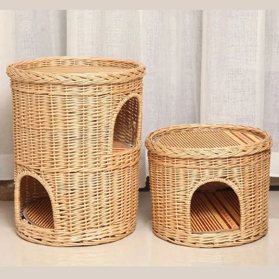 Handwoven natural rattan cat house tower with cushioned platforms – premium handcrafted pet supplies