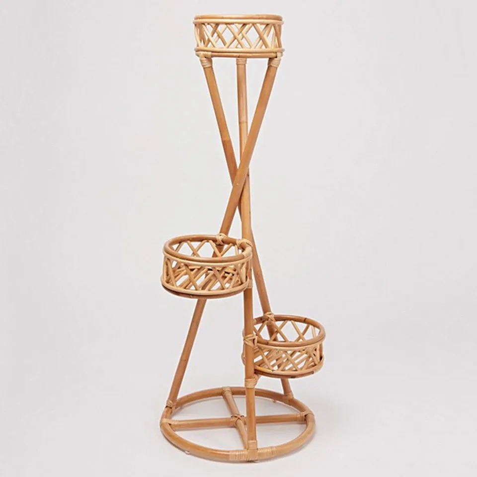 Tall three-tier handwoven rattan planter stand with natural finish – perfect for indoor and outdoor use – OEM planters manufacturer Vietnam