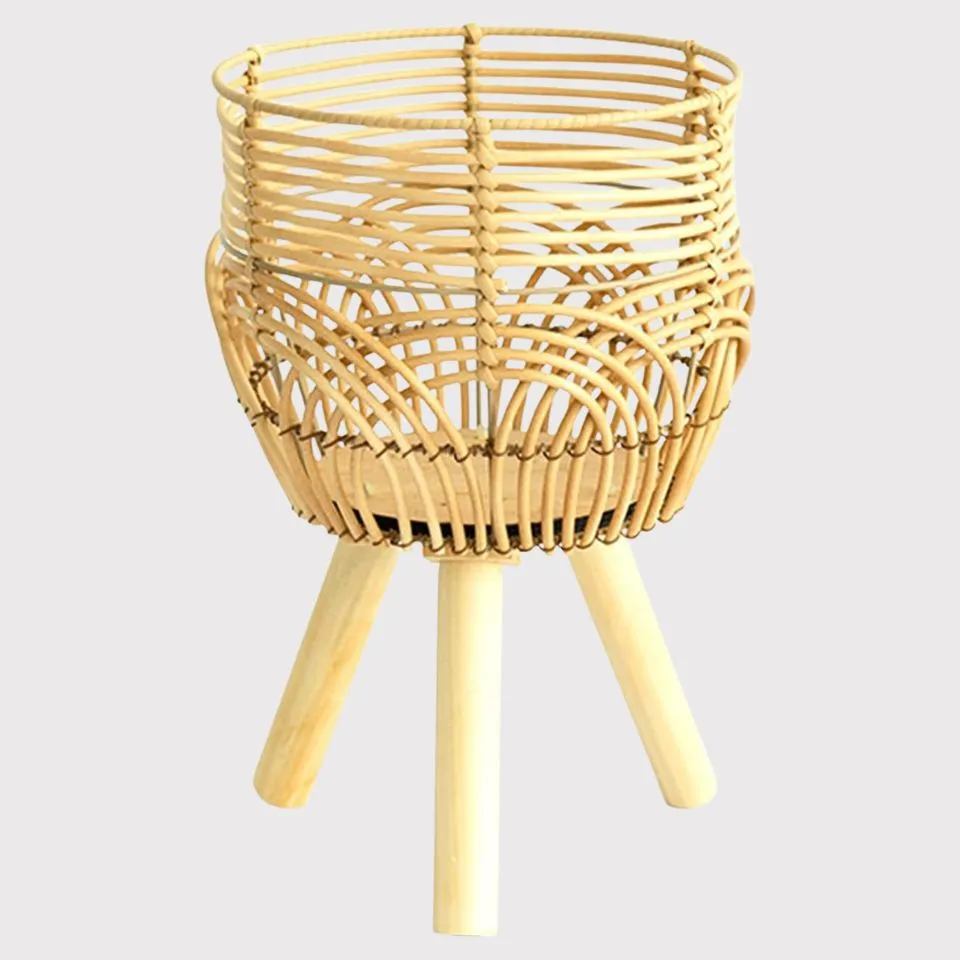 Mid-century style handwoven rattan planter with solid wooden tripod legs – natural rattan basket planter – Vietnam handicraft manufacturer