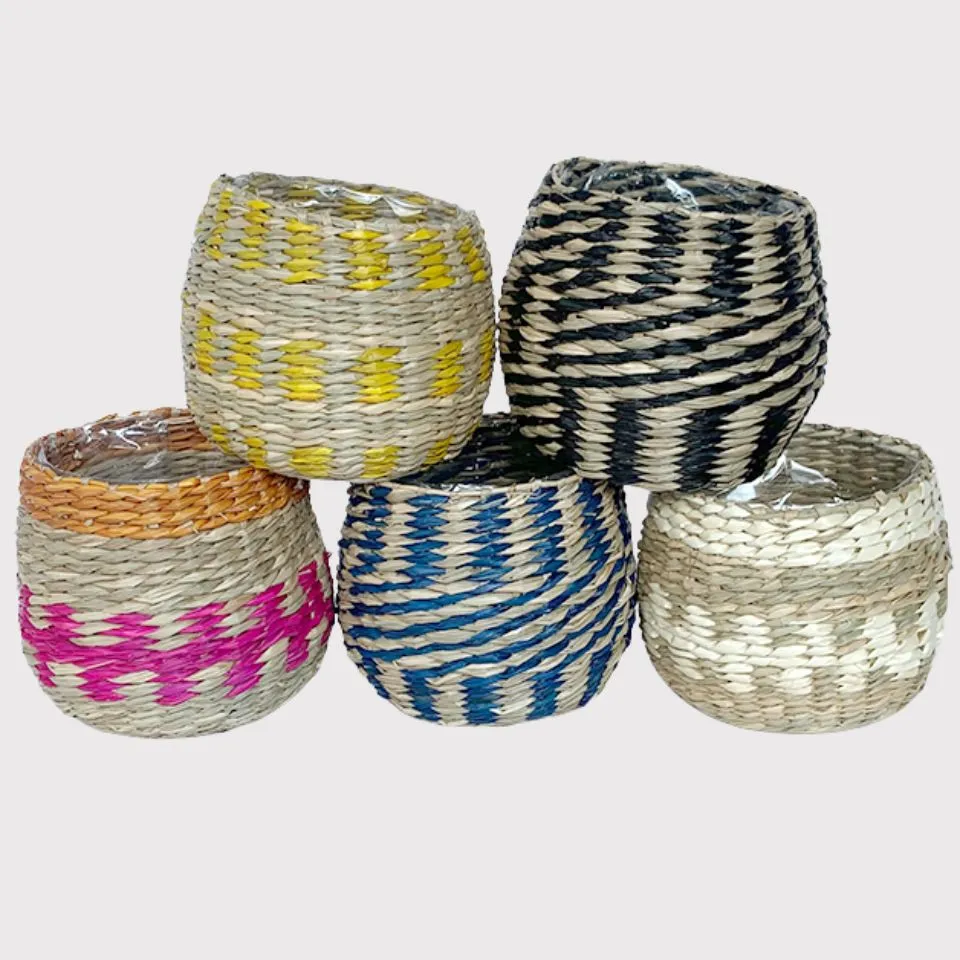 Handwoven colorful seagrass belly planters – wholesale seagrass planters OEM