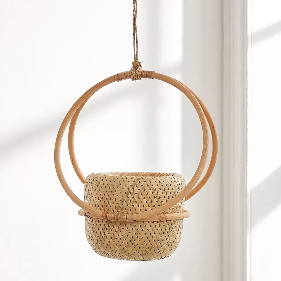 Handwoven rattan hanging planter with double circular frame – indoor outdoor hanging basket – Vietnam OEM manufacturer
