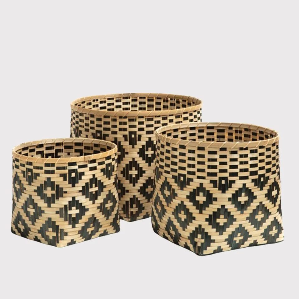 Handwoven bamboo planters with black geometric tribal pattern – nested cylinder planters – ethical bamboo handicraft manufacturer