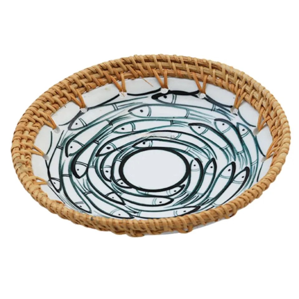 Coastal-style ceramic and rattan bowl with swirling fish design – OEM manufacturer EHM