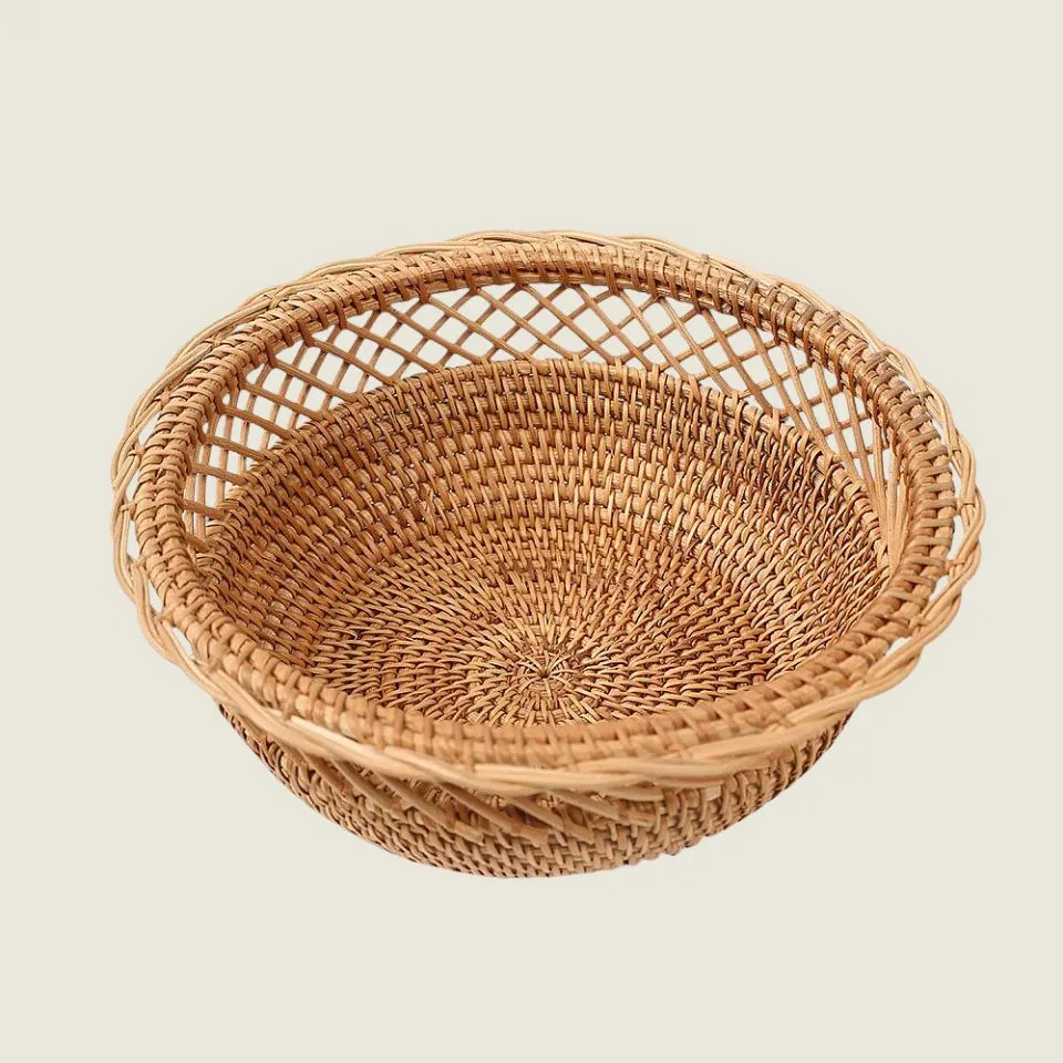 Traditional tight-woven natural rattan bowl with diamond lattice rim – premium quality Vietnam manufacturer