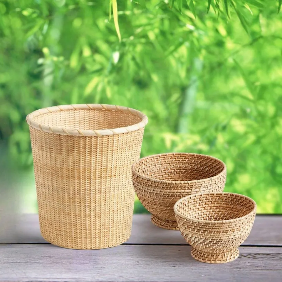 Hand-woven rattan products with round bowls – EHM Vietnam sustainable rattan
