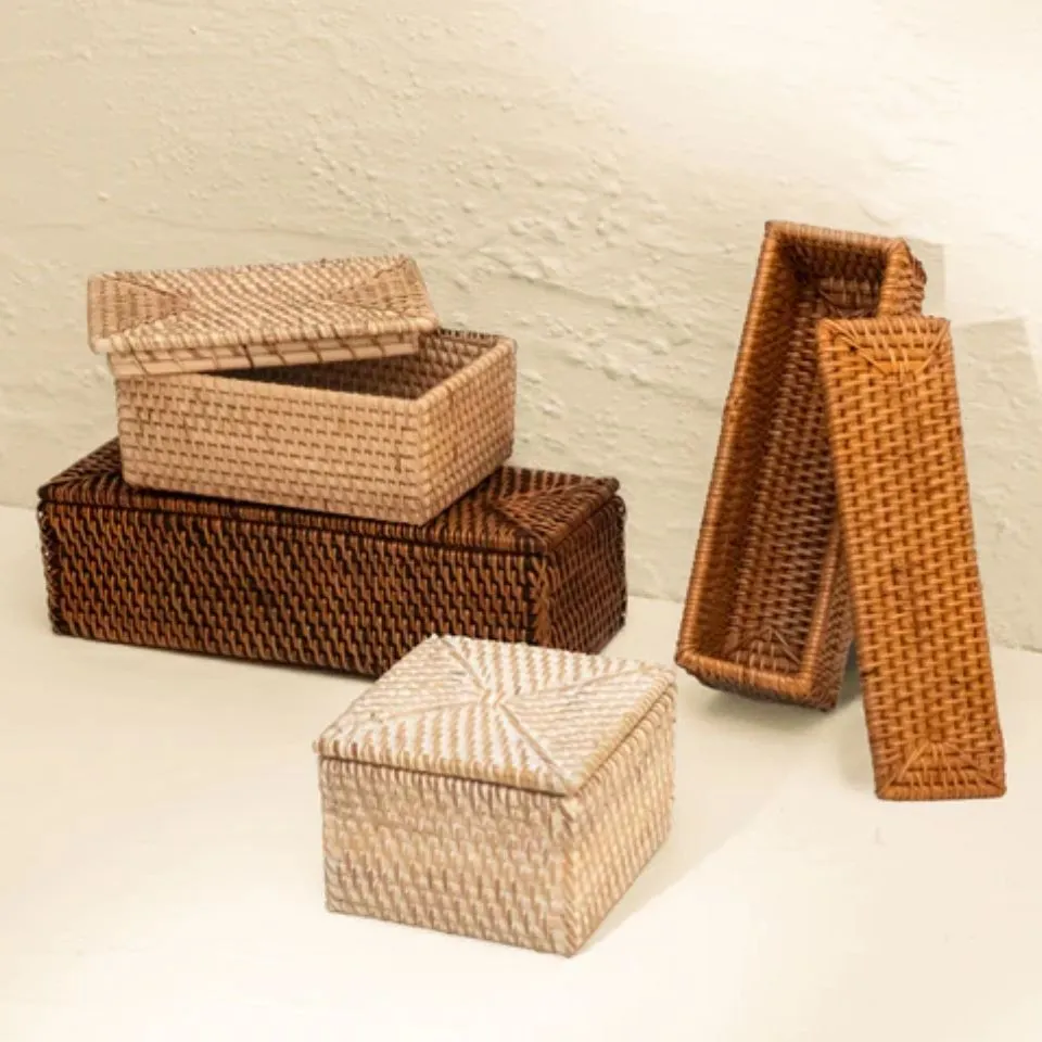 Handwoven rectangular rattan storage boxes with lids in natural finishes – perfect OEM/ODM home storage manufacturing from Ethical Handicraft Manufacturer (EHM) Vietnam.