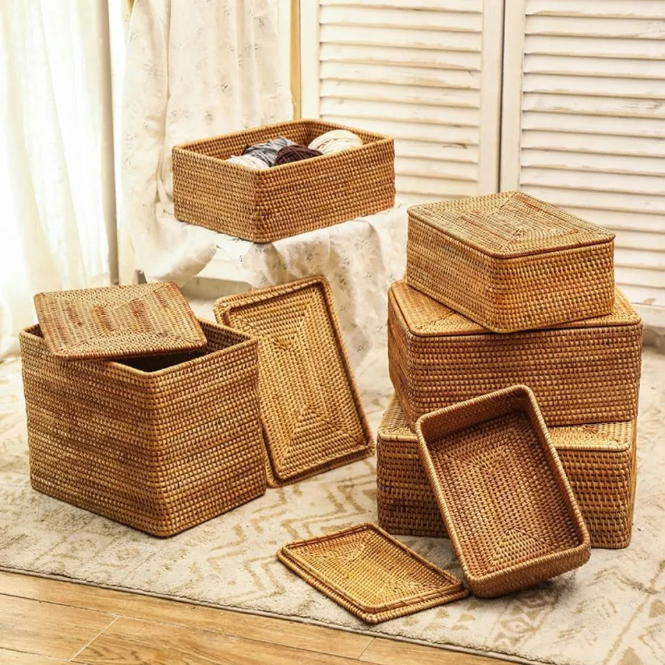 Multi-sized rectangular and square rattan storage baskets with removable lids – custom home storage manufacturing by EHM Vietnam.