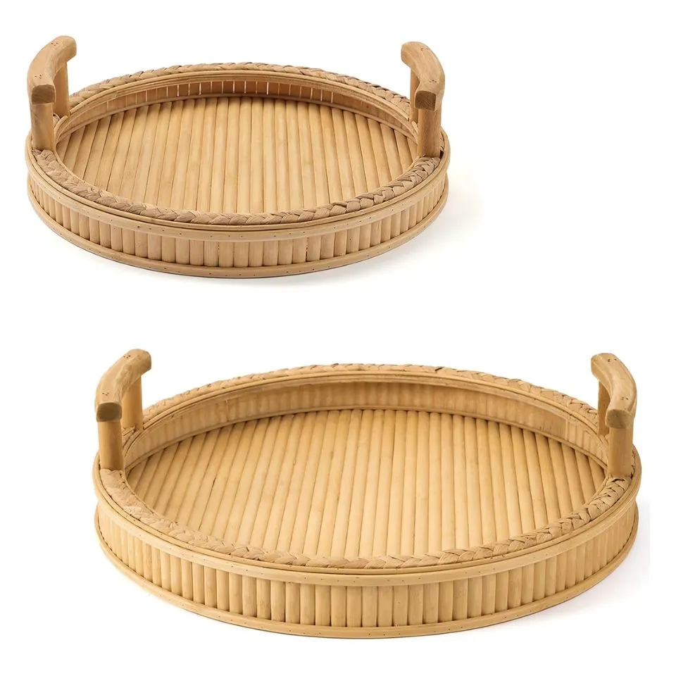 Round Bamboo Serving Tray with handles Low Moq