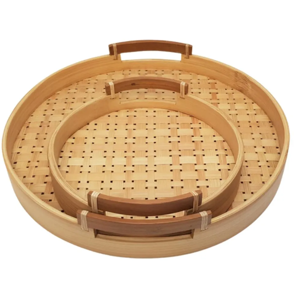 Round Bamboo Serving Tray with handles Handicraft