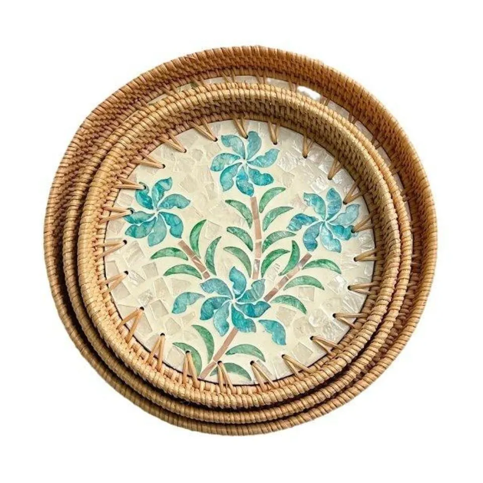 Round Mother Of Pearl Rattan Trays Short Lead Time