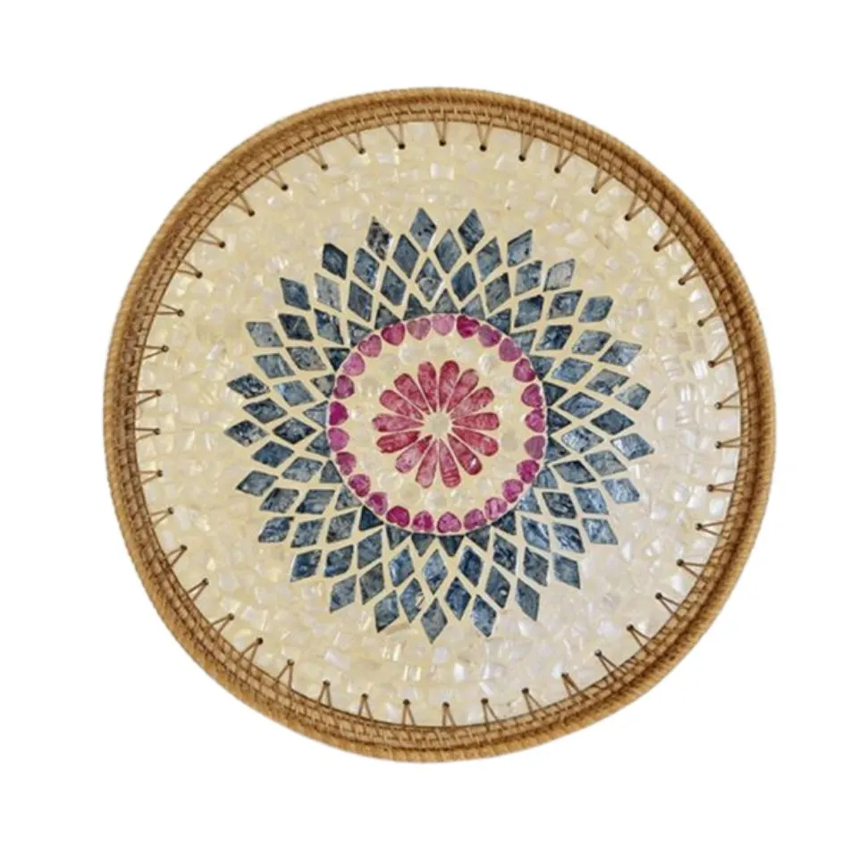 Round Mother Of Pearl Rattan Trays Handicraft