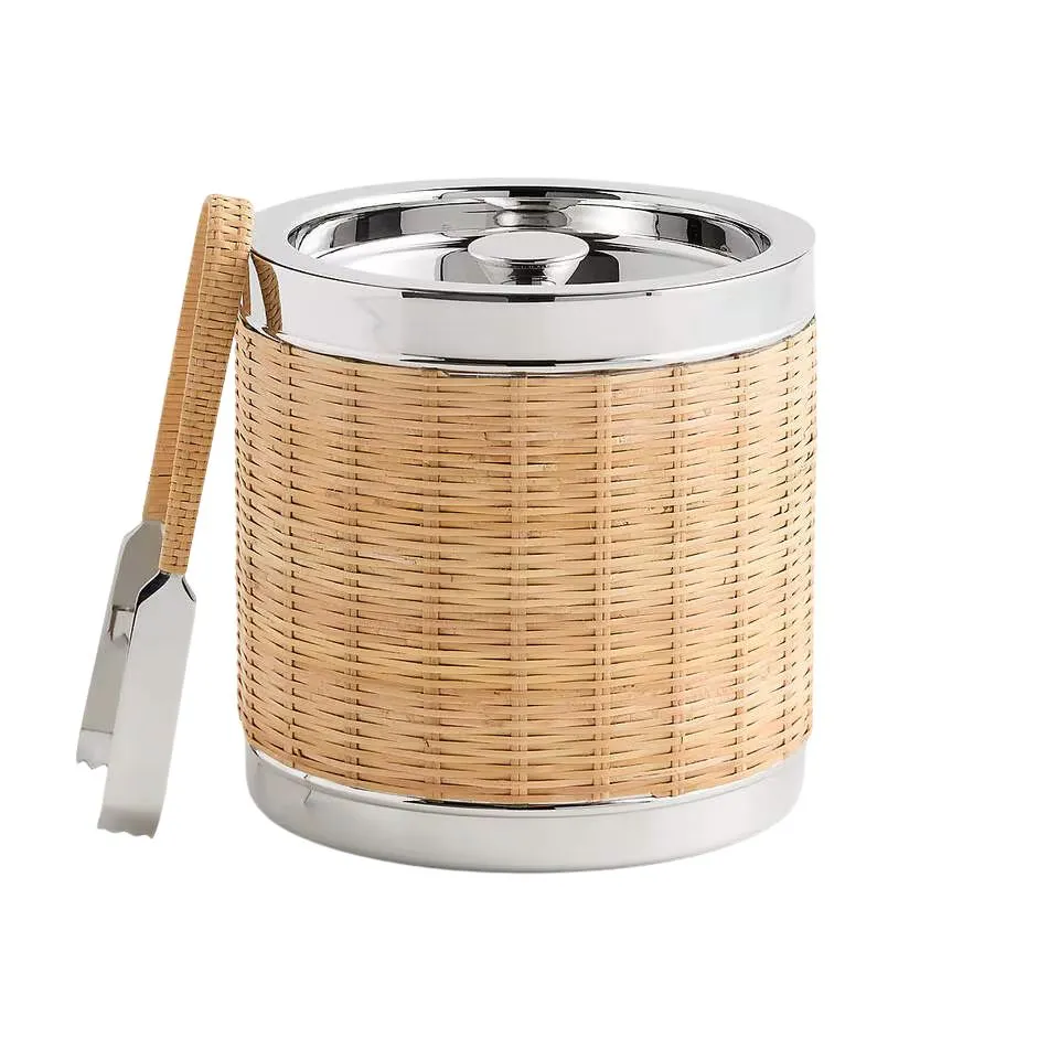 Round Rattan Ice Bucket With Tongs OEM