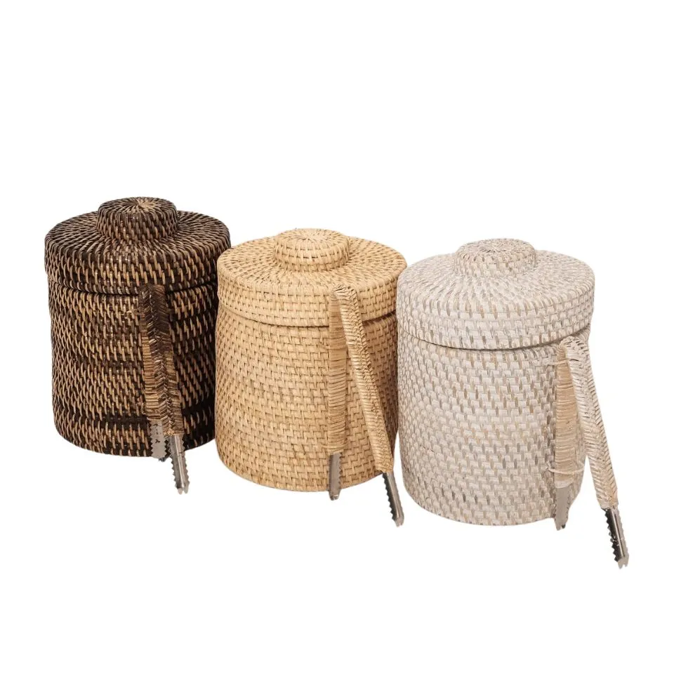 Round Rattan Ice Bucket With Tongs Short Lead Time